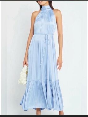 Sleeveless High-Neck Pleated Maxi Dress in Light Blue